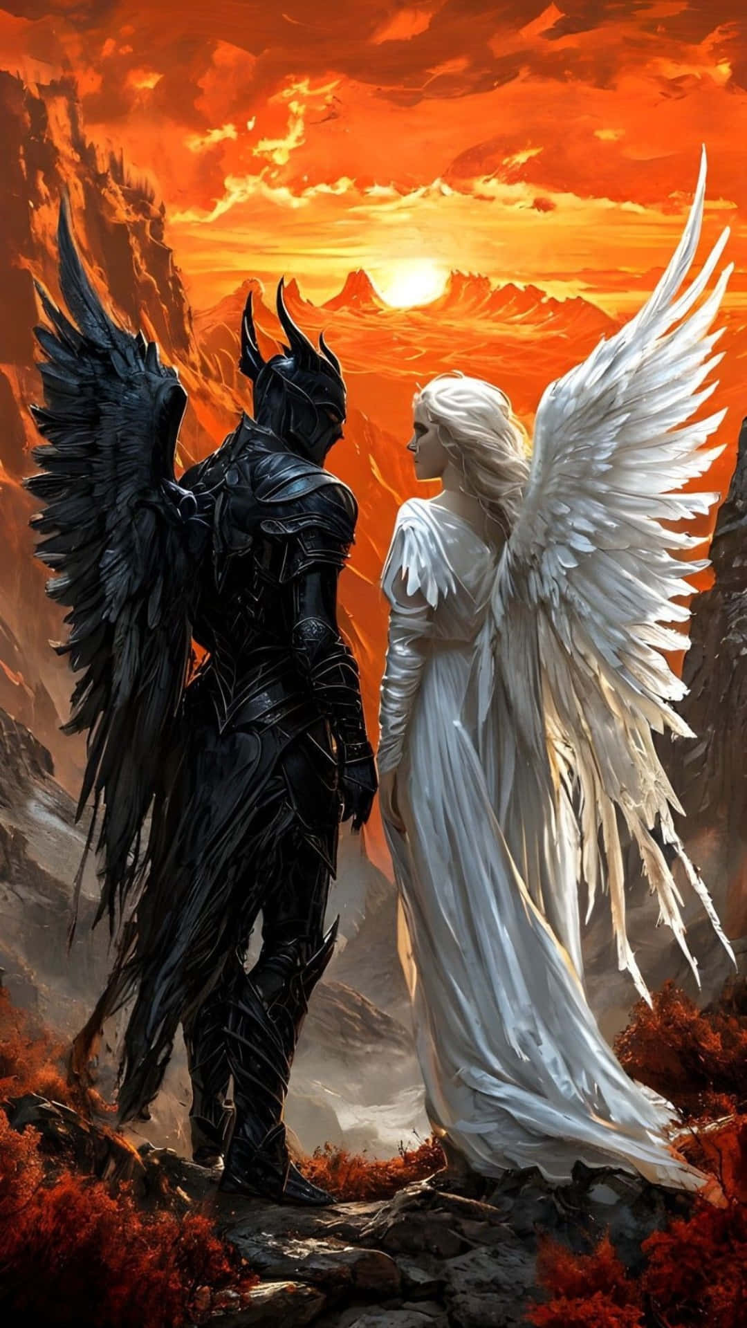禁忌之愛天使與惡魔 壁紙 — 一個黑色翅膀的盔甲人物和一個白色翅膀的天使在鋸齒狀山脈上燃燒的橙色日落中面對面站立。