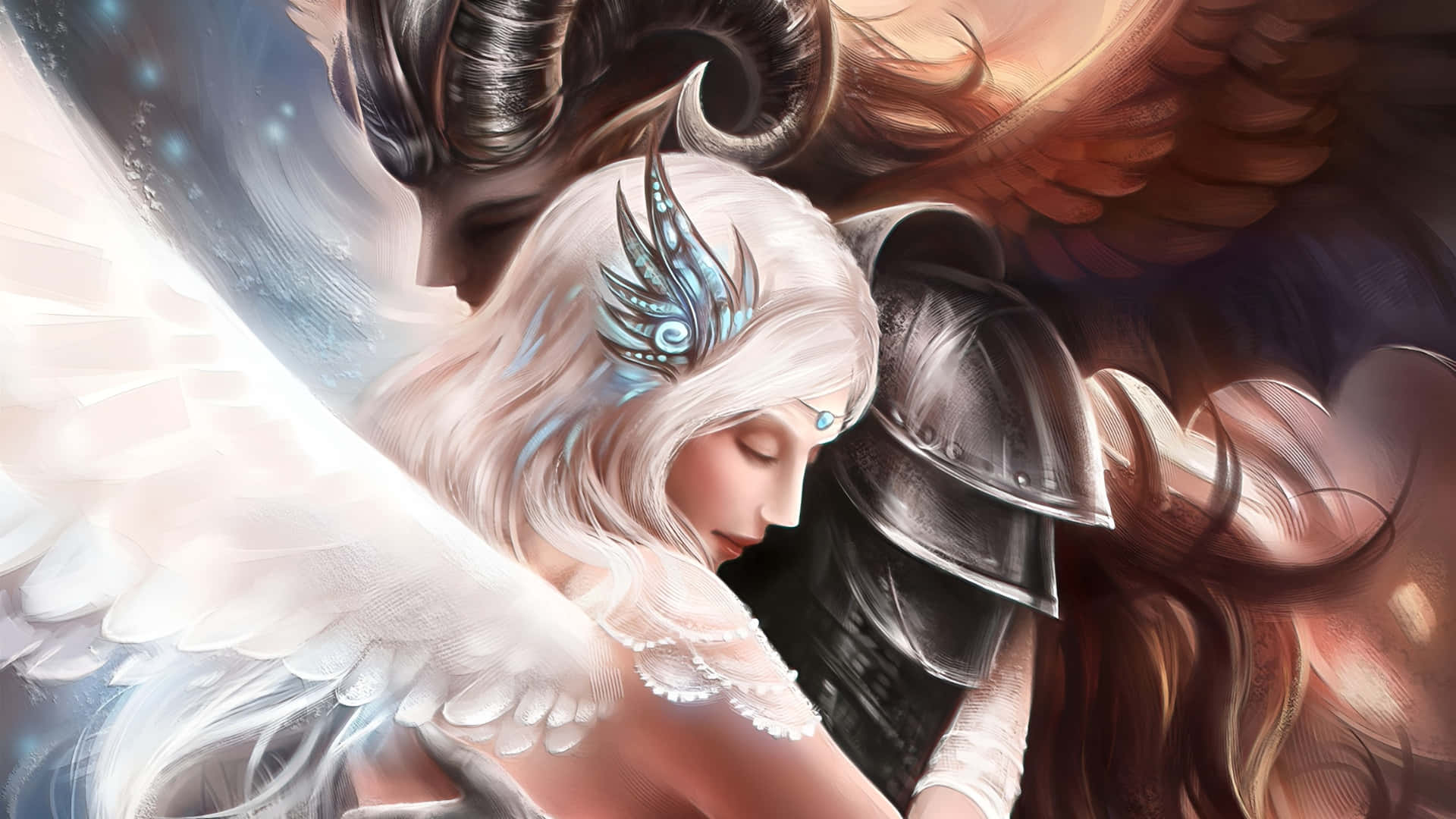 禁忌之愛天使與惡魔 壁紙 — 一位寧靜的天使，擁有白色翅膀和藍色羽毛頭飾，在一個身穿盔甲的黑暗有角人物旁邊休息。