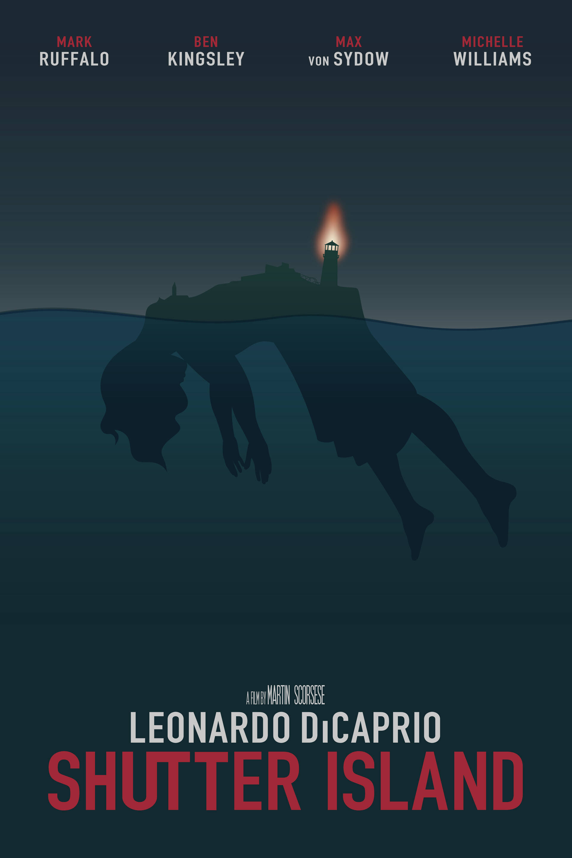 禁閉島 電影海報 數位藝術 壁紙 — 一個剪影人物浸沒在水中，水面上的燈塔在黑暗的電影風格海報中發光。