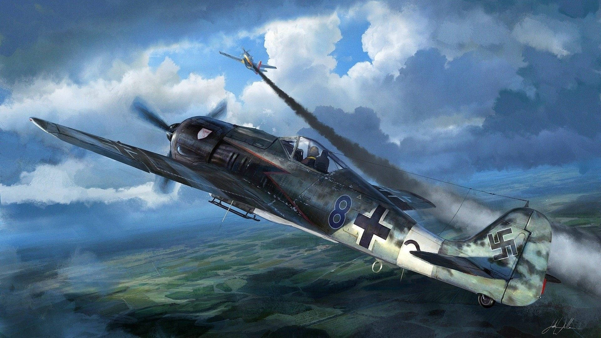 福克-沃爾夫 Fw 190 德國二戰戰鬥機 壁紙 — 一架德國二戰戰鬥機拖著煙霧穿過暴風雲，在綠色景觀上空與敵機交戰。