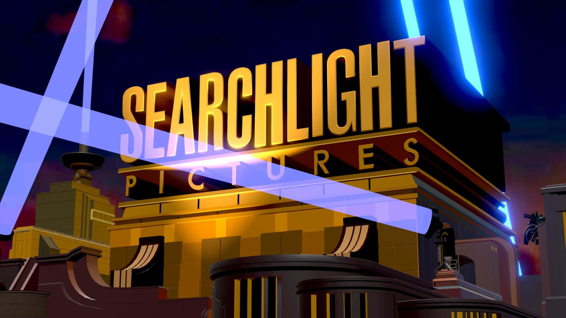 Searchlight Pictures 電影院建築在夜間被霓虹燈照亮。