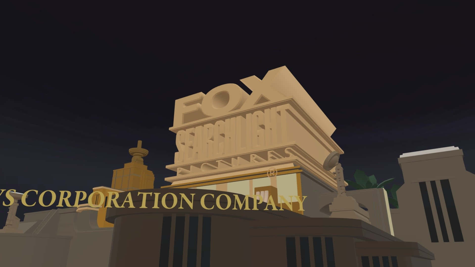 Fox Corporation大廈標誌在夜間亮起，極簡設計。