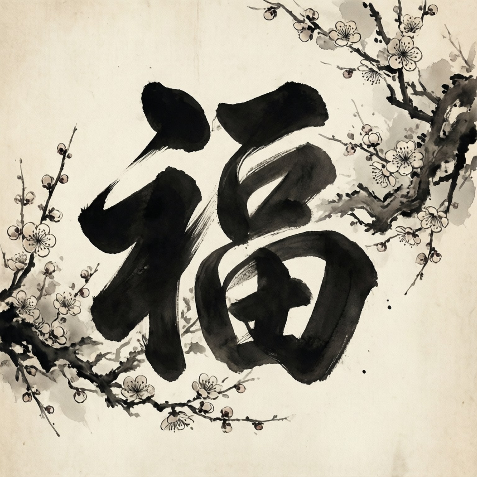 簡約水墨畫，描繪福字與梅花。