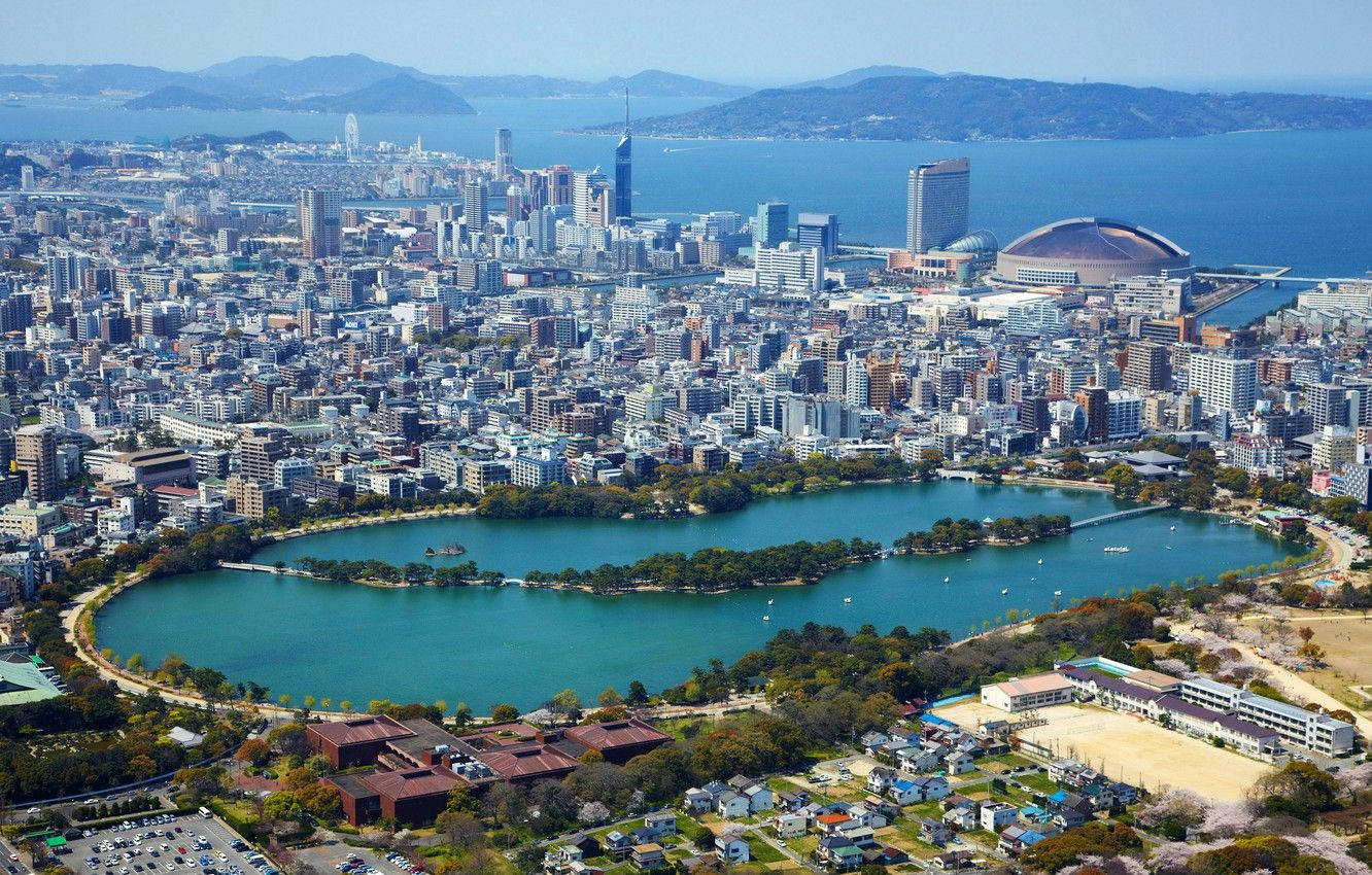 福岡壯闊觀景台 壁紙 — 俯瞰一座廣闊的海濱城市，碧綠的湖泊被綠植和現代摩天大樓環繞，天空湛藍清澈。