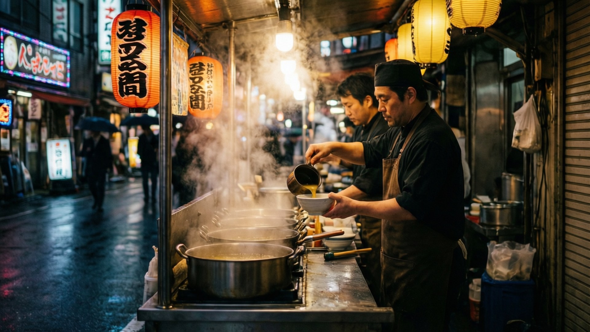 廚師在雨夜的夜市攤位，在發光的燈籠下提供冒煙的食物。