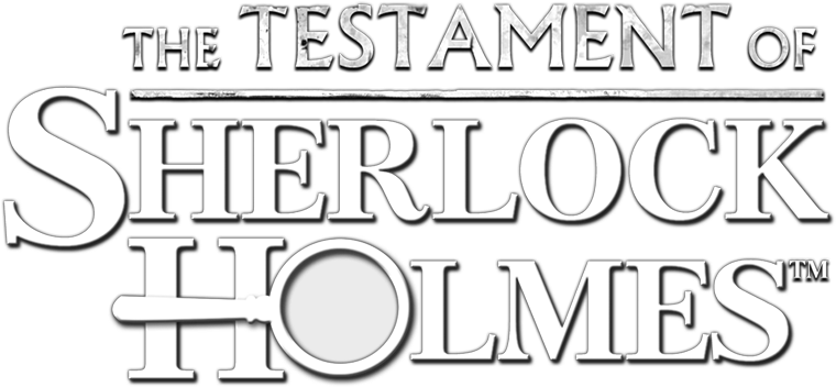 福爾摩斯遺言標誌 壁紙 — 粗體白色襯線文字寫著「THE TESTAMENT OF SHERLOCK HOLMES」，並以放大鏡取代「HOLMES」中的「O」，背景為黑色。