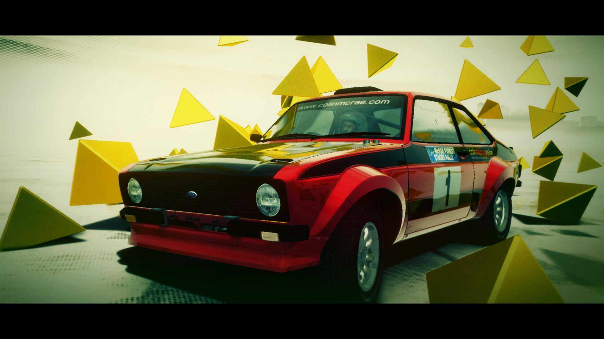 福特Escort MK II 在Dirt 3中的激烈賽道瞬間 壁紙 — 一輛紅色和黑色的拉力賽車，車號為一，在充滿漂浮黃色三角形的超現實環境中疾馳。