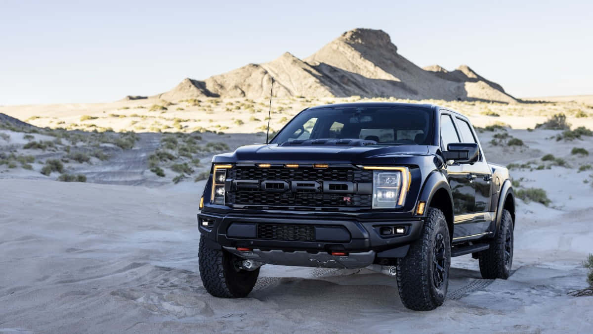 黑色福特 F-150 Raptor 卡車停在沙漠中，背景有山脈。