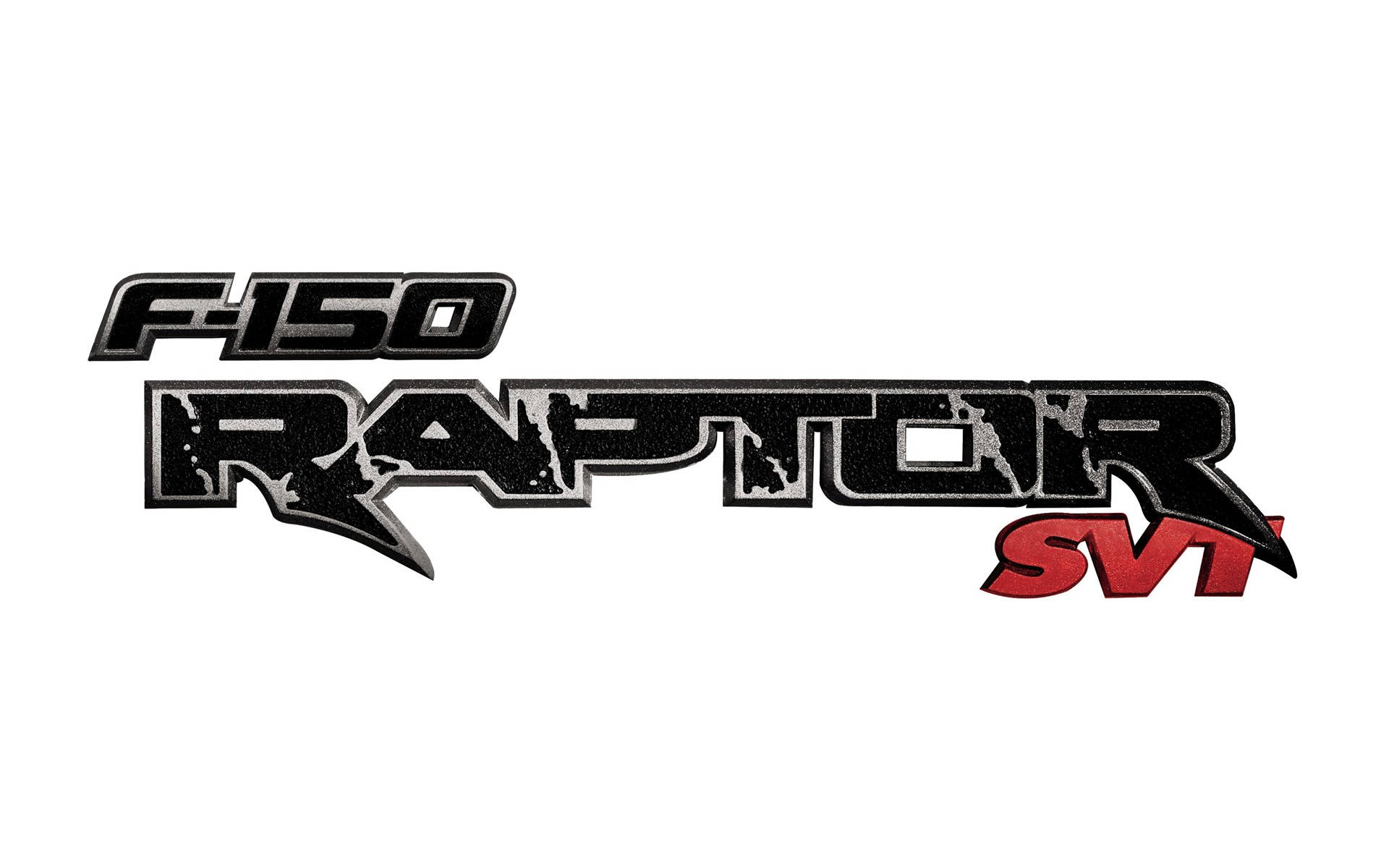 福特Raptor F-150 SVT標誌 壁紙 — 大膽的黑紅配色 F-150 Raptor SVT 標誌，帶有金屬光澤和磨損紋理，白色背景。