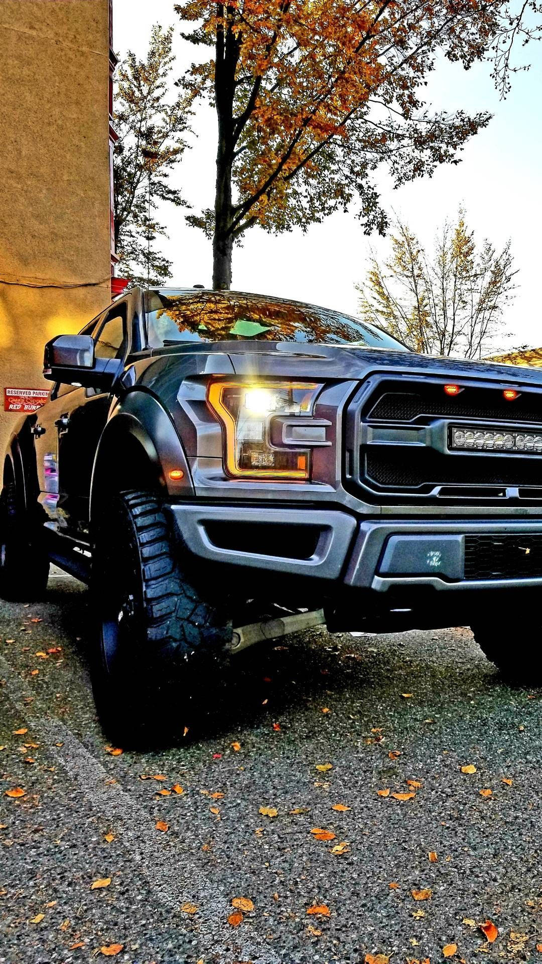 福特卡車 iPhone 背景 壁紙 — 一架堅固的黑色福特 F-150 Raptor 停泊在碎石上，周圍是秋天的樹木和落葉。