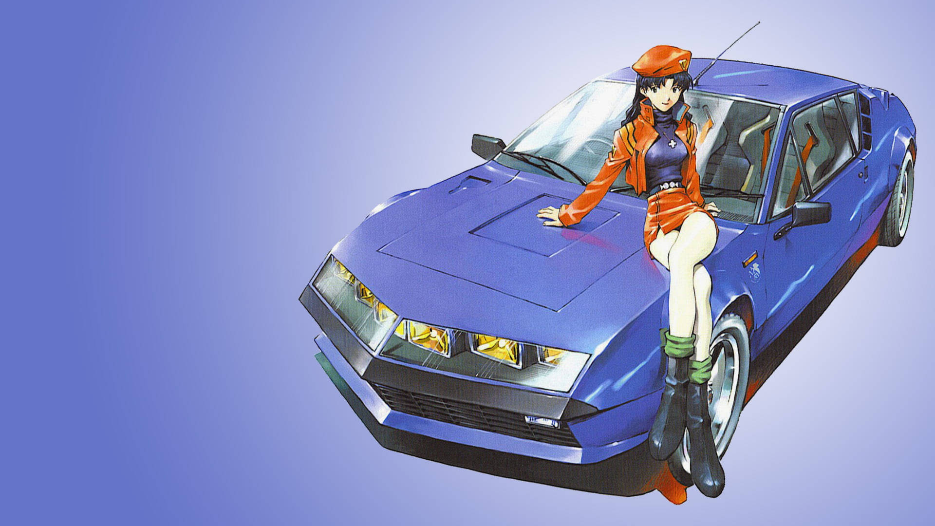 動漫女孩穿著橙色服裝坐在藍色跑車上。