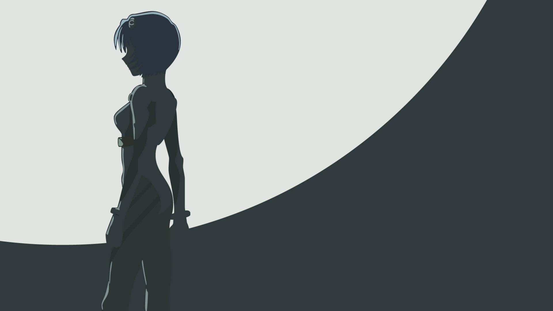 動漫女孩剪影站立在彎曲的淺灰色和深灰色背景前。