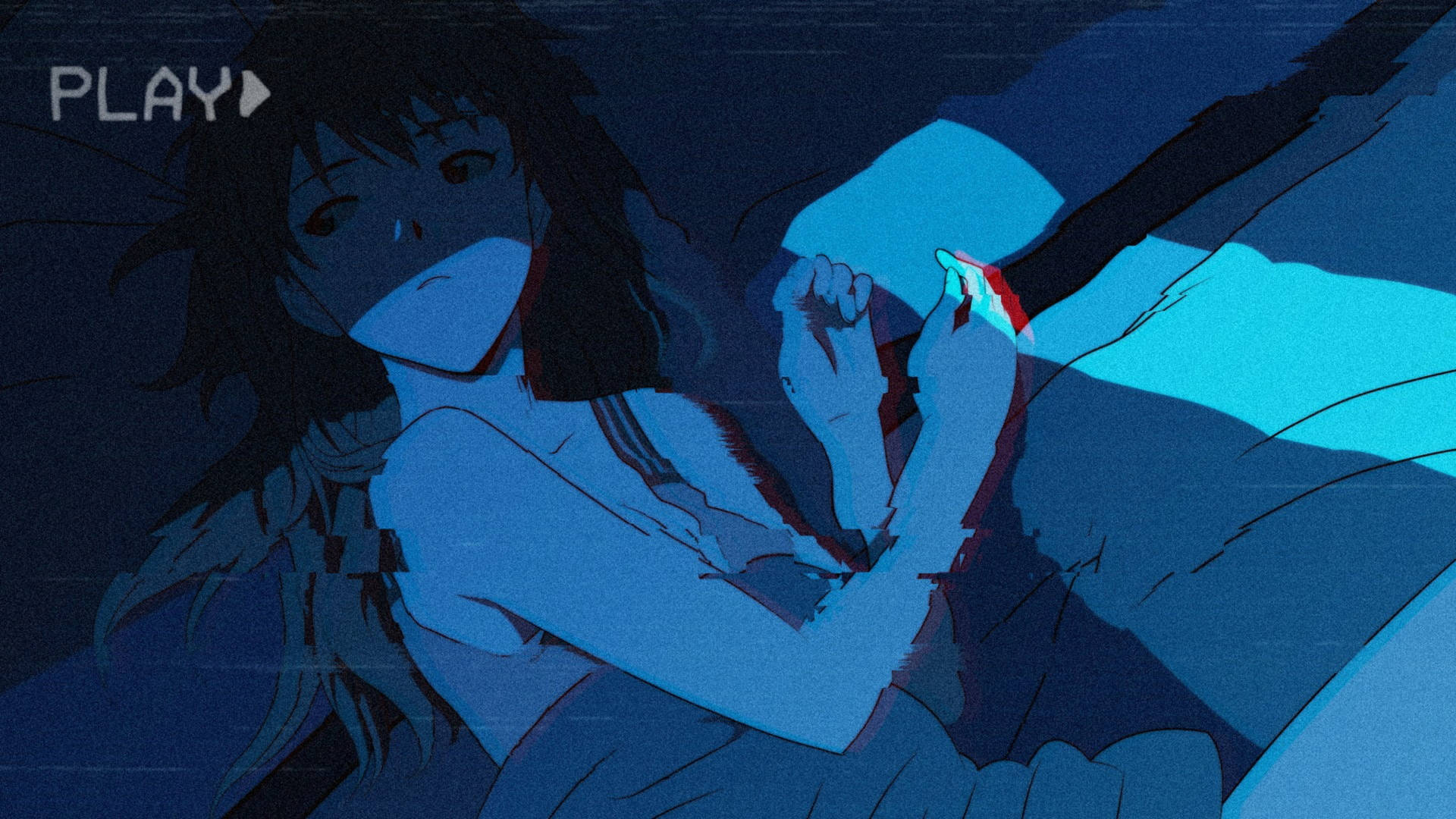 在藍色數位故障環境中拿著發光紅色物體的動漫女孩