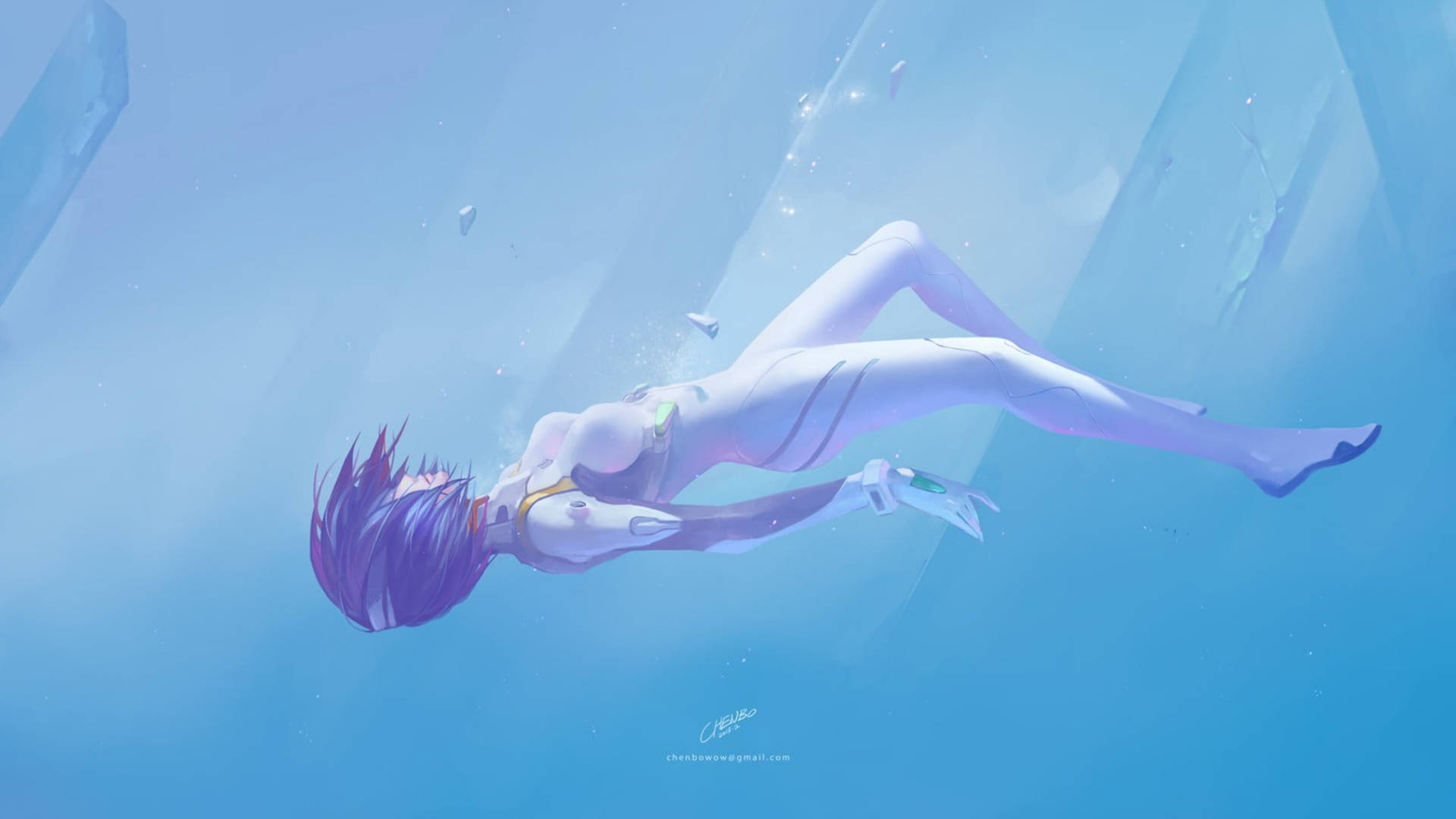 動漫女孩穿著白色西裝在藍光中漂浮在水下