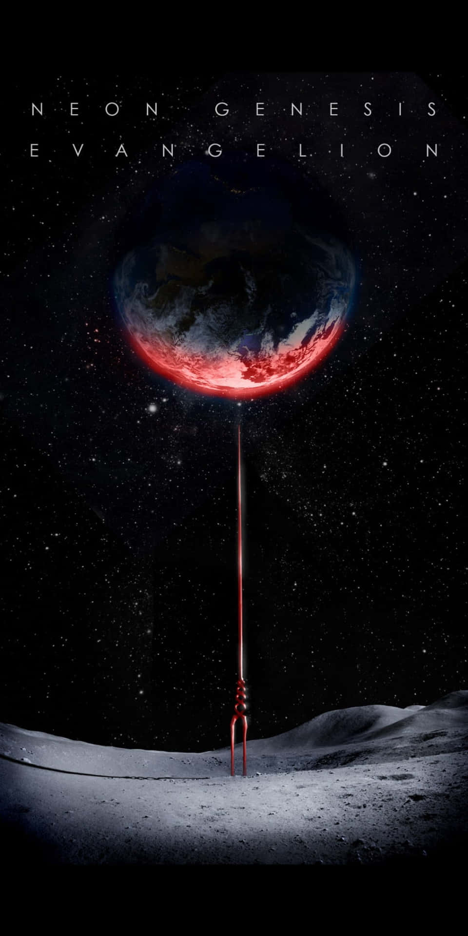 發紅光的地球懸浮在月球上方，一座紅色尖塔刺穿表面。