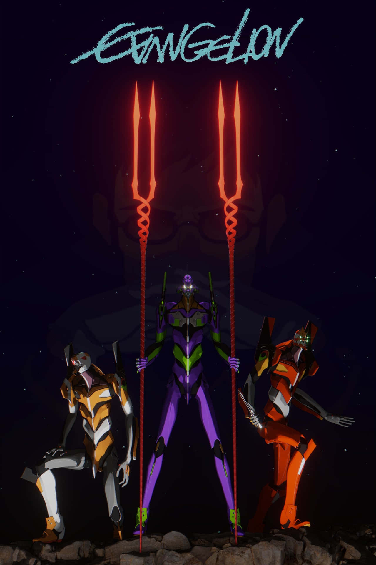 三部 Evangelion 機甲帶著發光的三叉戟，以星空夜空和一個巨大的面孔剪影為背景。