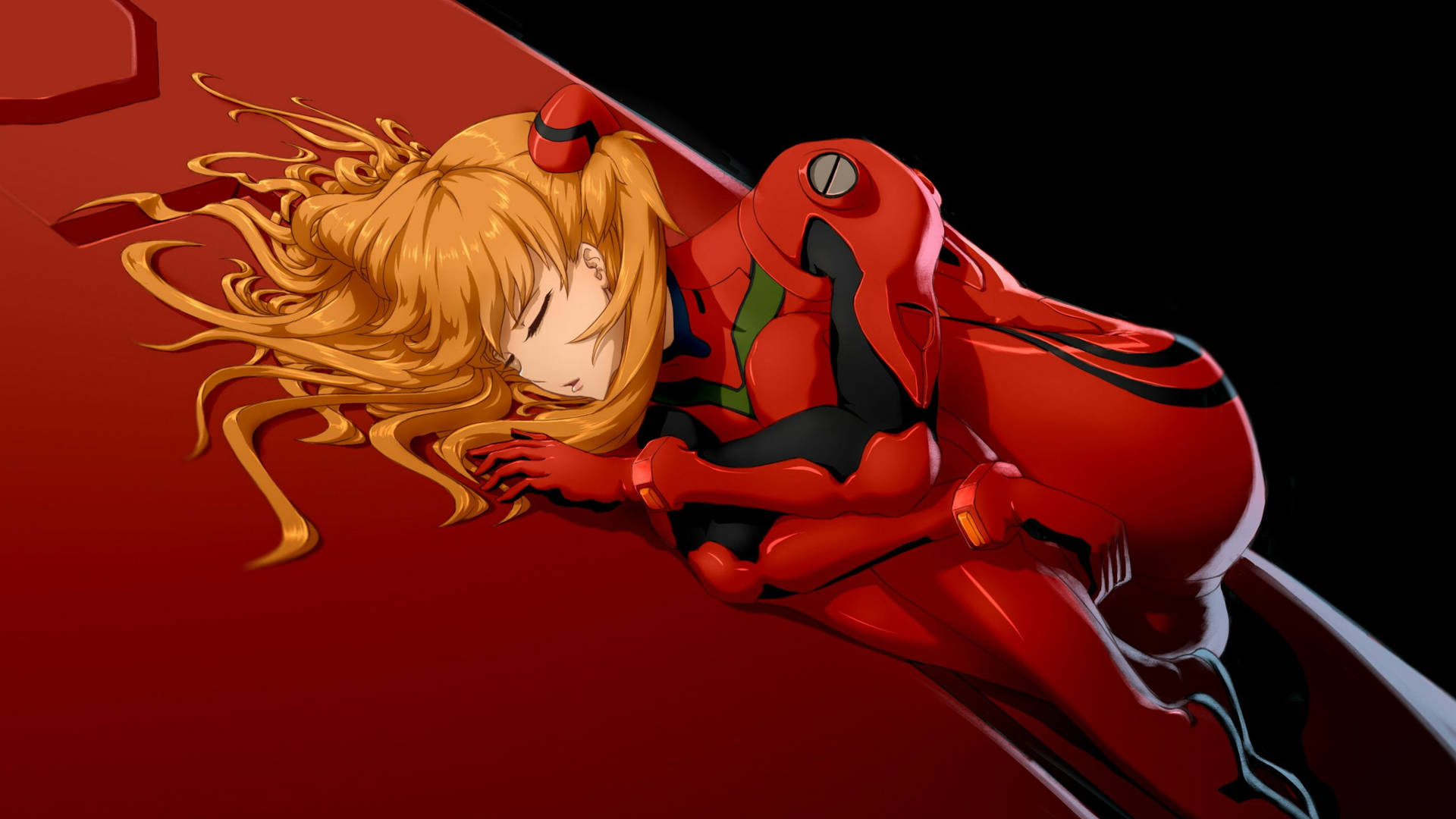 動漫女孩穿著紅色Eva服裝在紅色表面上睡覺