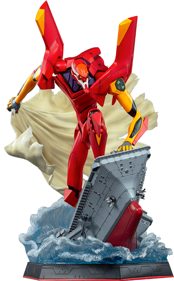 福音戰士初號機動作人偶 壁紙 — 一個紅色和黃色的 Evangelion 單位站在一艘正在下沉的戰艦上，在洶湧的波濤中，身後飄揚著一塊白色的布。