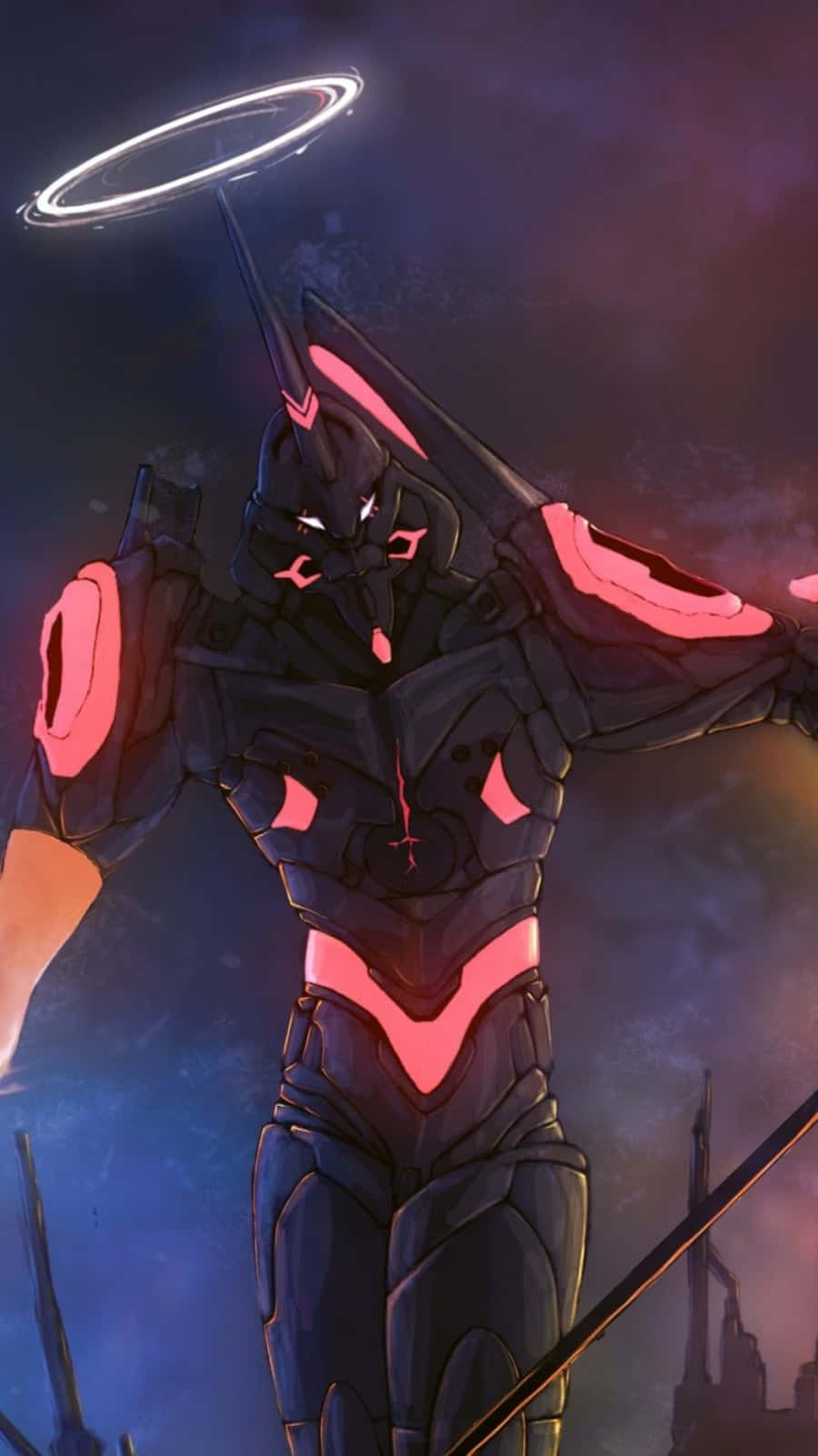《福音戰士新劇場版：終》iPhone 壁紙：EVA 持環形光圈 壁紙 — 一座高聳的黑粉紅色 Evangelion 機體，在深紫色天空中帶有發光光環。