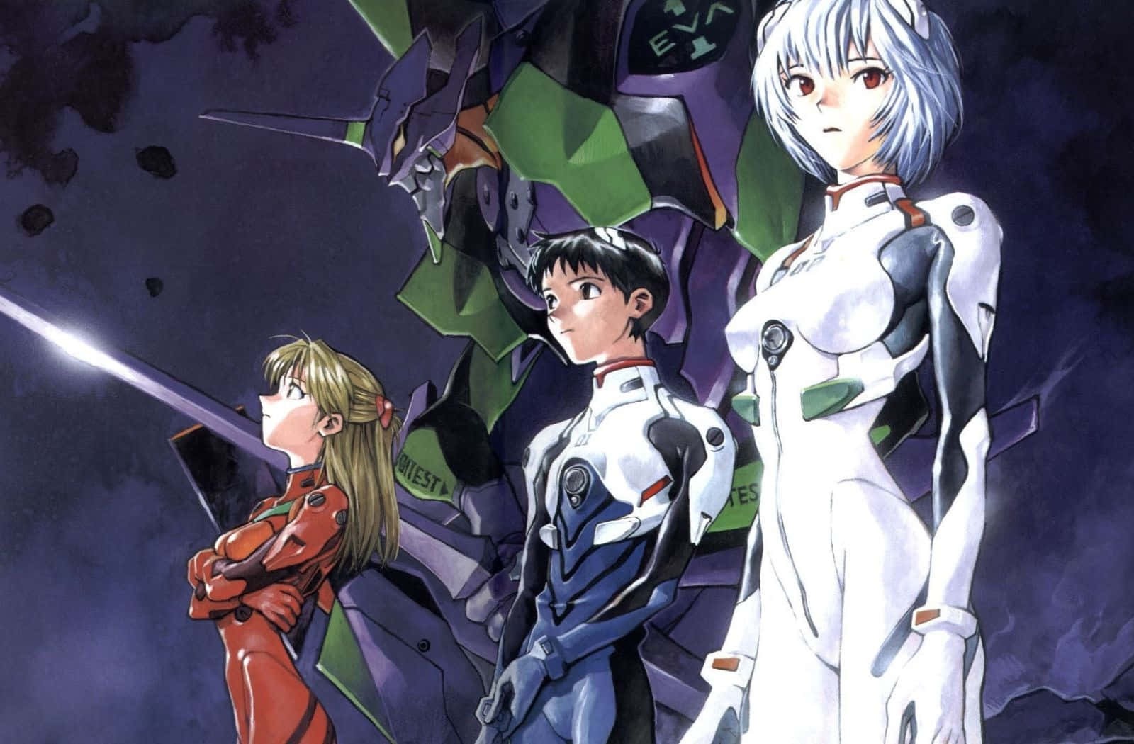 三個身穿戰鬥服的動漫角色，在太空中站在一個巨大的機甲前。