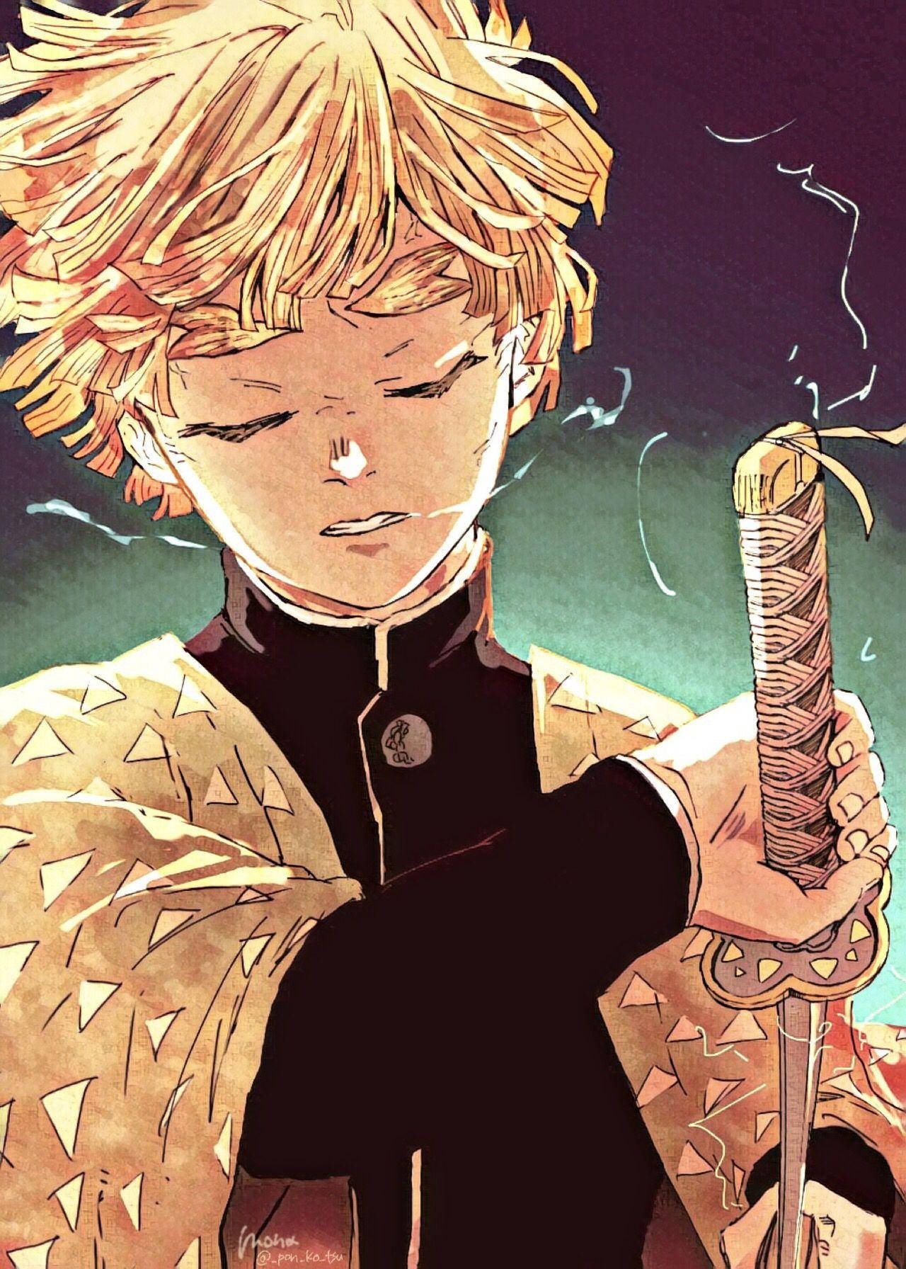 禪凪頭像持刀劍 壁紙 — 一個決心堅定的動漫男孩，金色尖刺頭髮，手持一把散發光芒的劍，背景是深藍綠色。