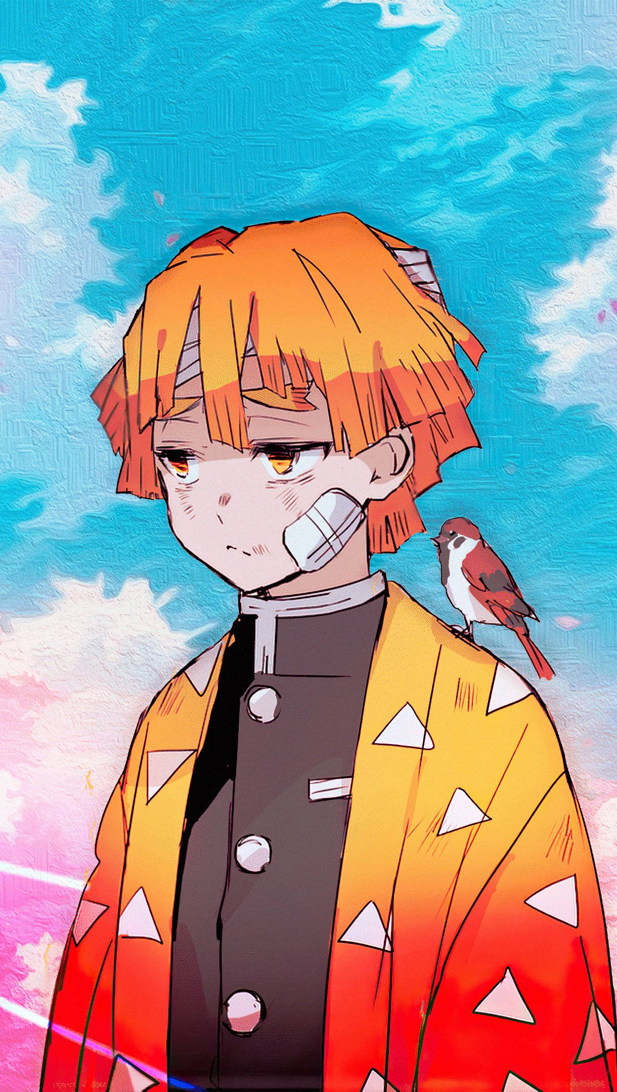 禪凪頭像與鳥兒 壁紙 — 一個年輕的動漫男孩，橙色頭髮，嘴巴纏著繃帶，穿著火橙色和服，一隻小鳥棲息在他的肩膀上，背景是充滿活力的藍天。