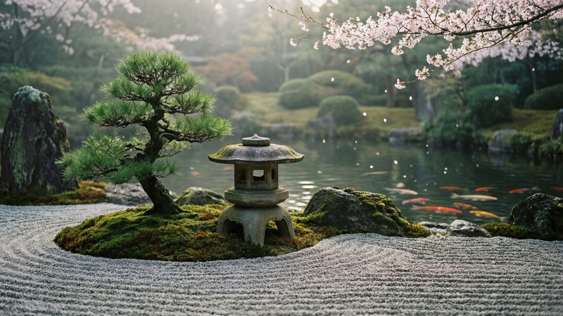 禪園寧靜 壁紙 — 一個寧靜的日本花園，在櫻花下有一個石燈籠，旁邊是一條耙過的碎石小徑，種有盆景樹和錦鯉池。