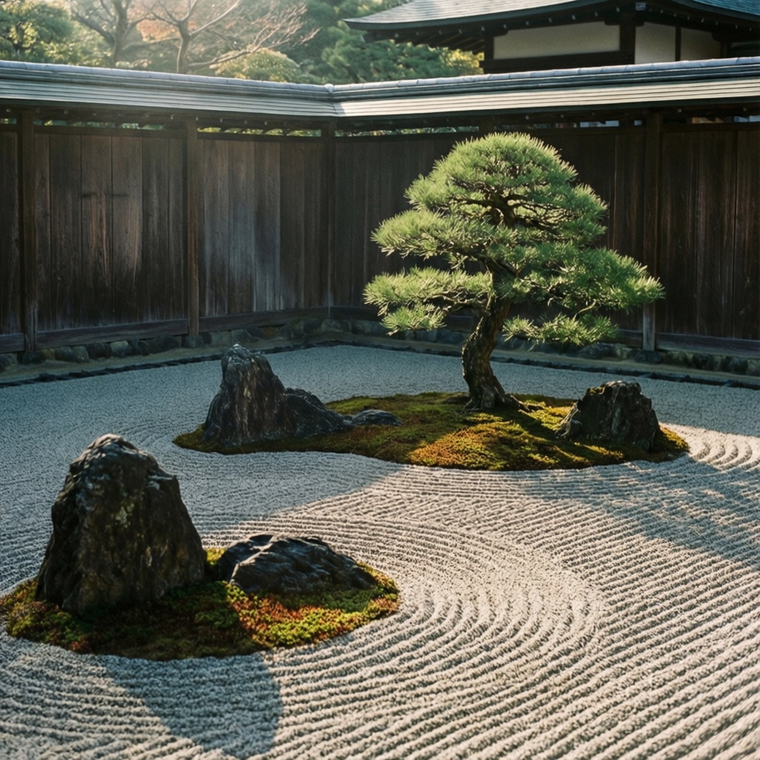 禪園晨光寧靜 壁紙 — 一個寧靜的日本岩石花園，有一棵松樹、苔蘚斑塊和耙過的礫石，沐浴在溫暖的陽光下。