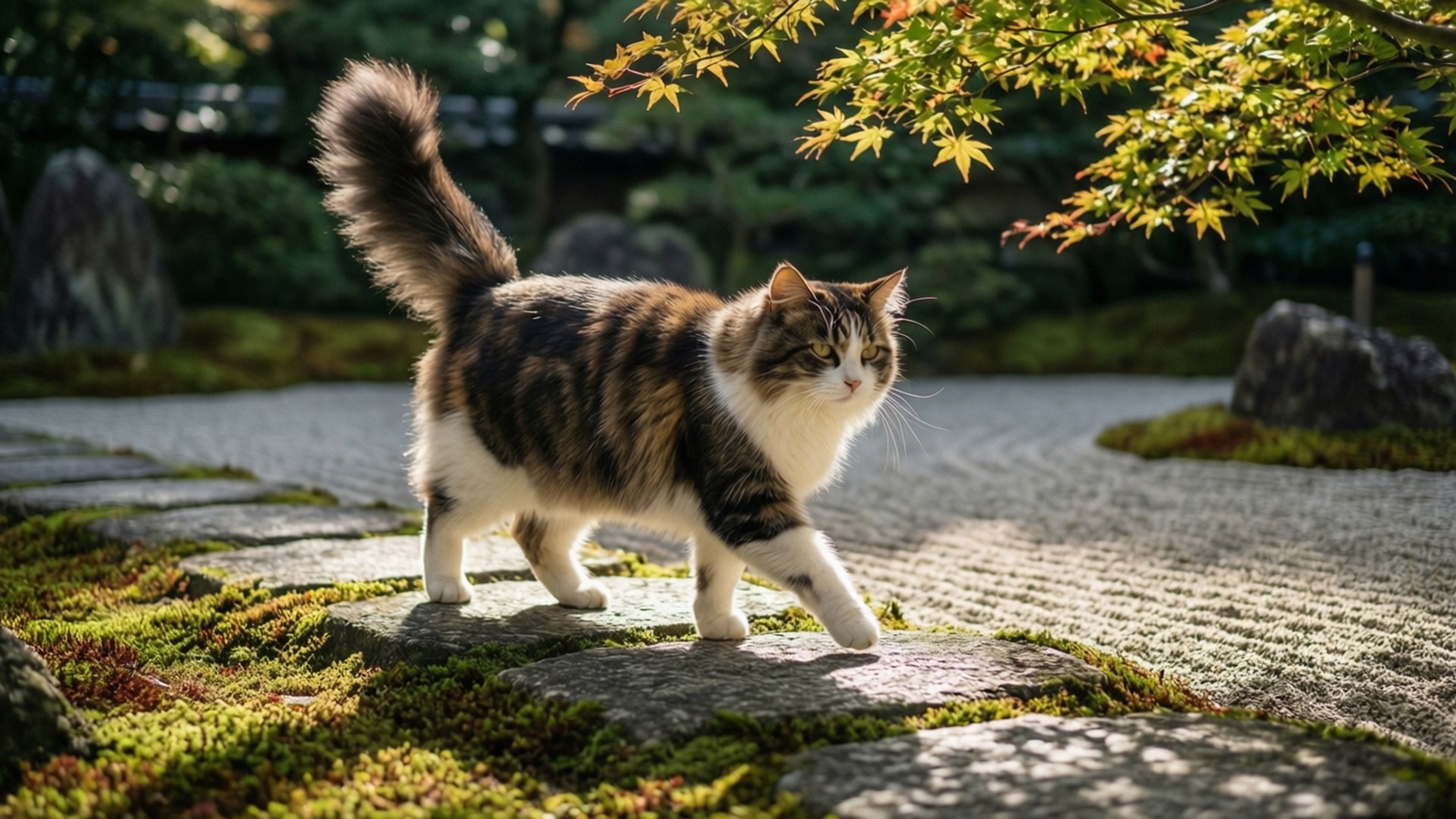 一隻三色貓喺溫暖陽光下嘅寧靜日本庭園中，喺佈滿青苔嘅石頭上散步。