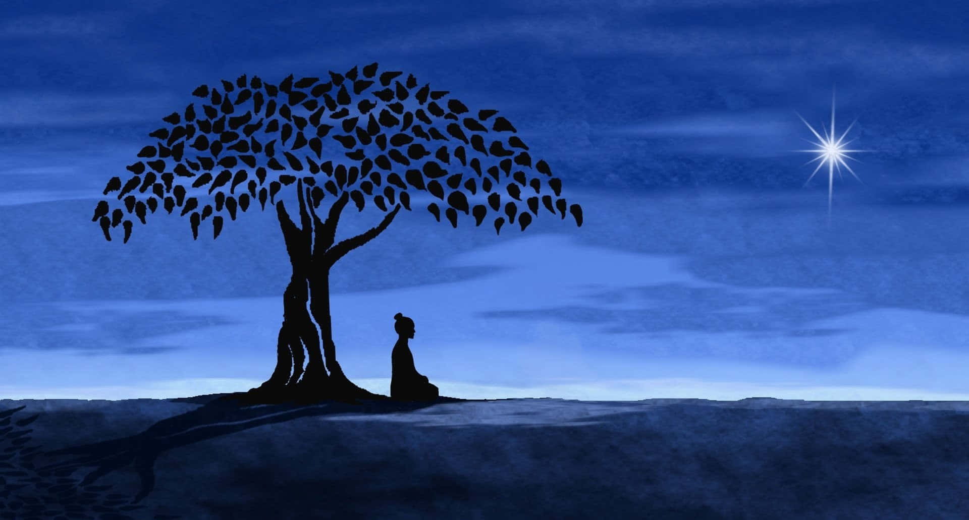 禪坐達至涅槃：通往內在平靜之路 壁紙 — 一個人在深藍色夜空下，在枝葉茂密的樹下冥想，頭頂有一顆明亮的星星的剪影。