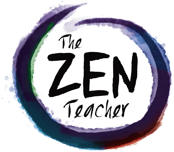 禪師標誌 壁紙 — 一個水彩漩渦標誌，上面有黑色墨水寫成的「The ZEN Teacher」文字，背景為黑色。