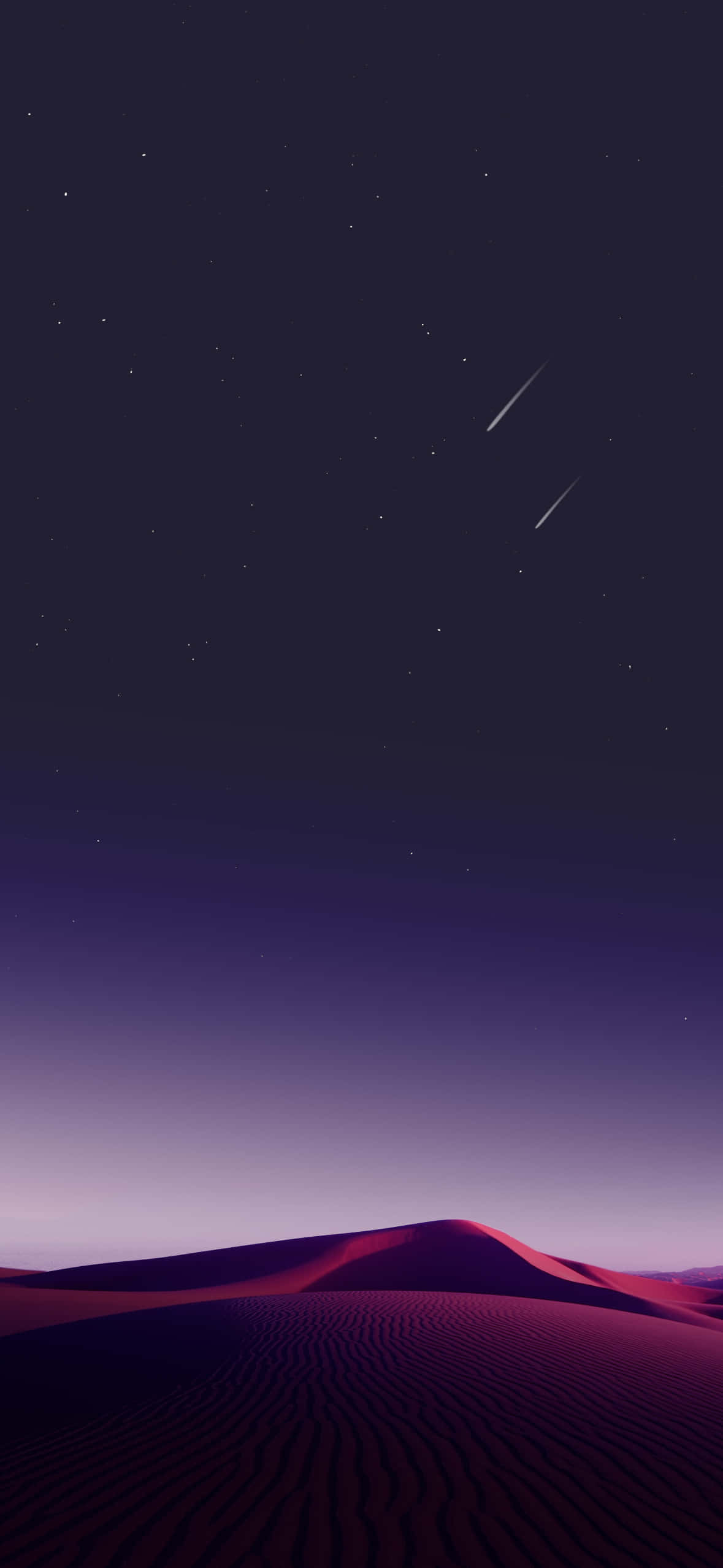 禪意僧侶穿行於秋色叢林 壁紙 — 在繁星點點的暮色天空下，寧靜的沙漠沙丘景觀，兩顆流星劃過深紫色的蒼穹。