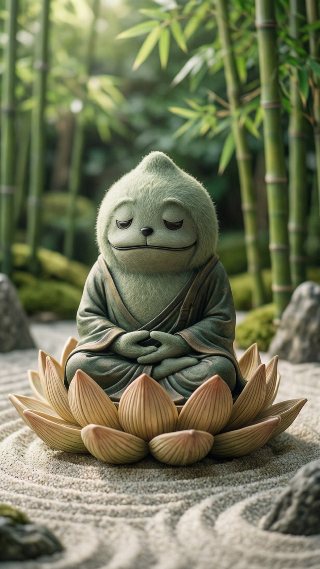 禪意多莫 壁紙 — 一隻寧靜的綠色樹懶狀生物穿著僧袍，在竹森林花園中的蓮花上盤腿冥想。