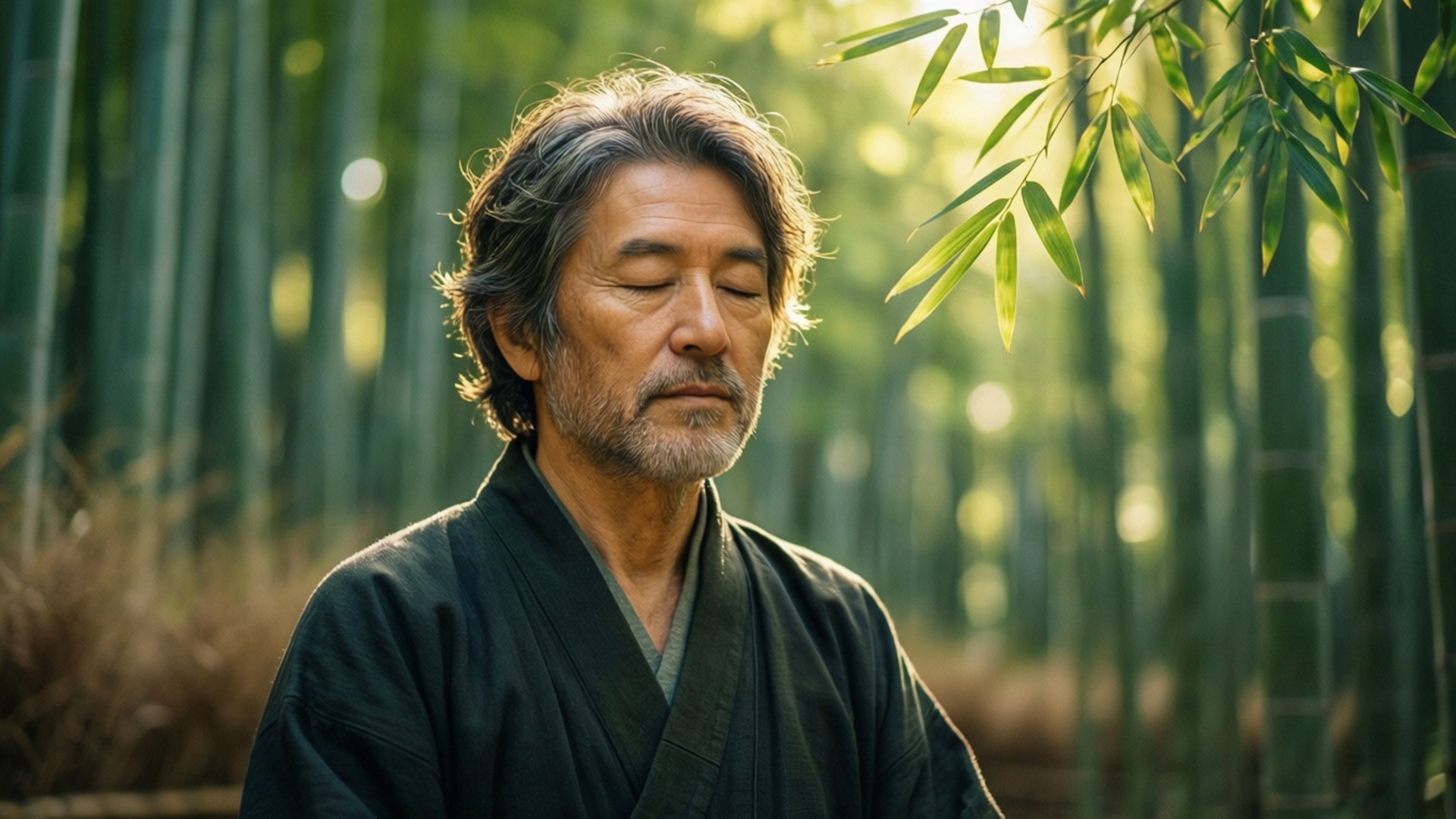 一位長者在竹林裡，陽光穿透樹葉，寧靜地冥想。