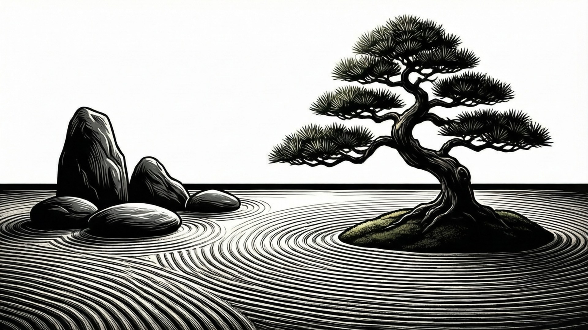 一棵盆景樹立於島上，伴有漣漪和石頭，採用極簡黑白風格。