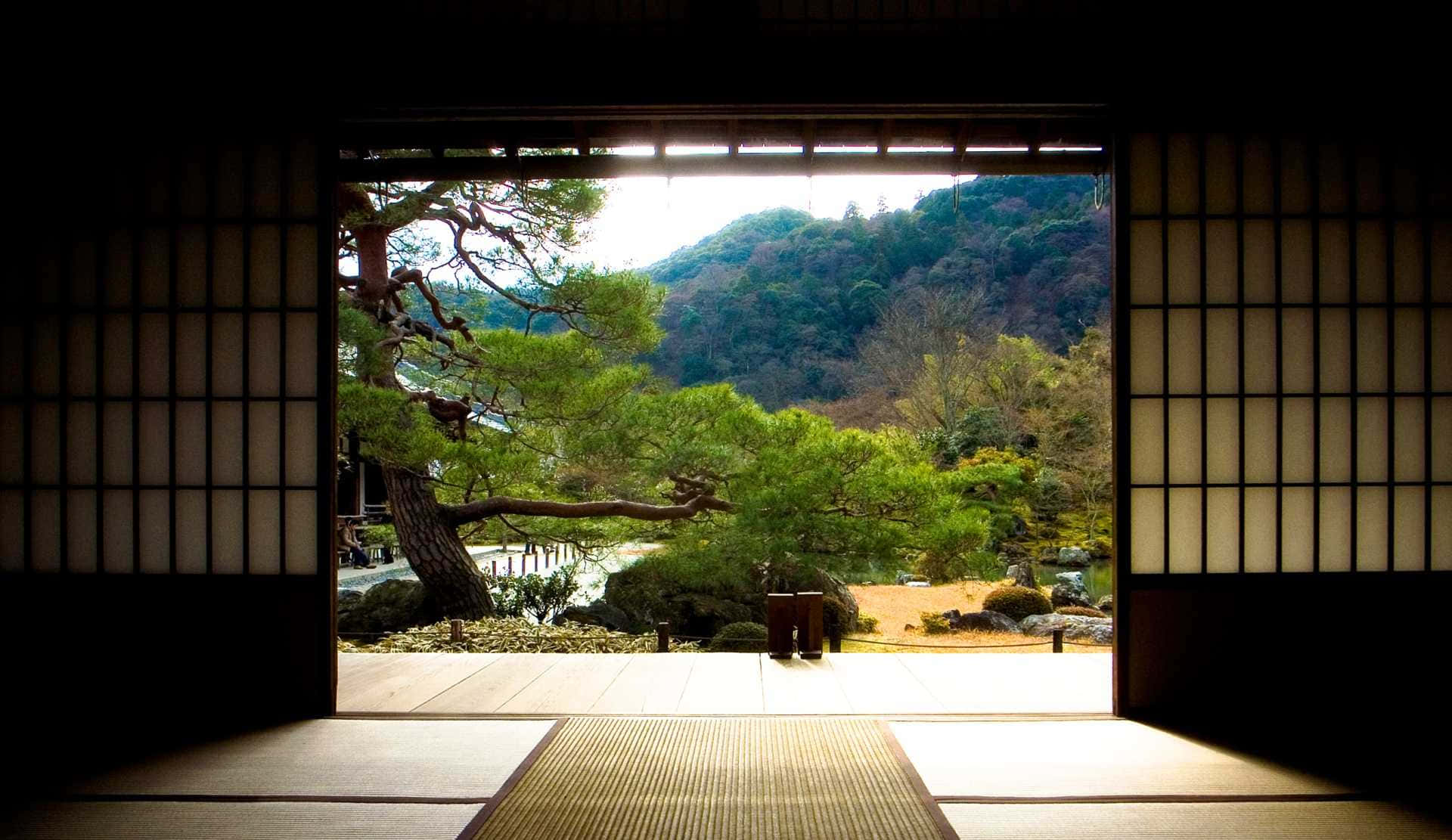 透過日式障子門睇到一個寧靜嘅花園，有松樹同埋樹林覆蓋嘅山丘。