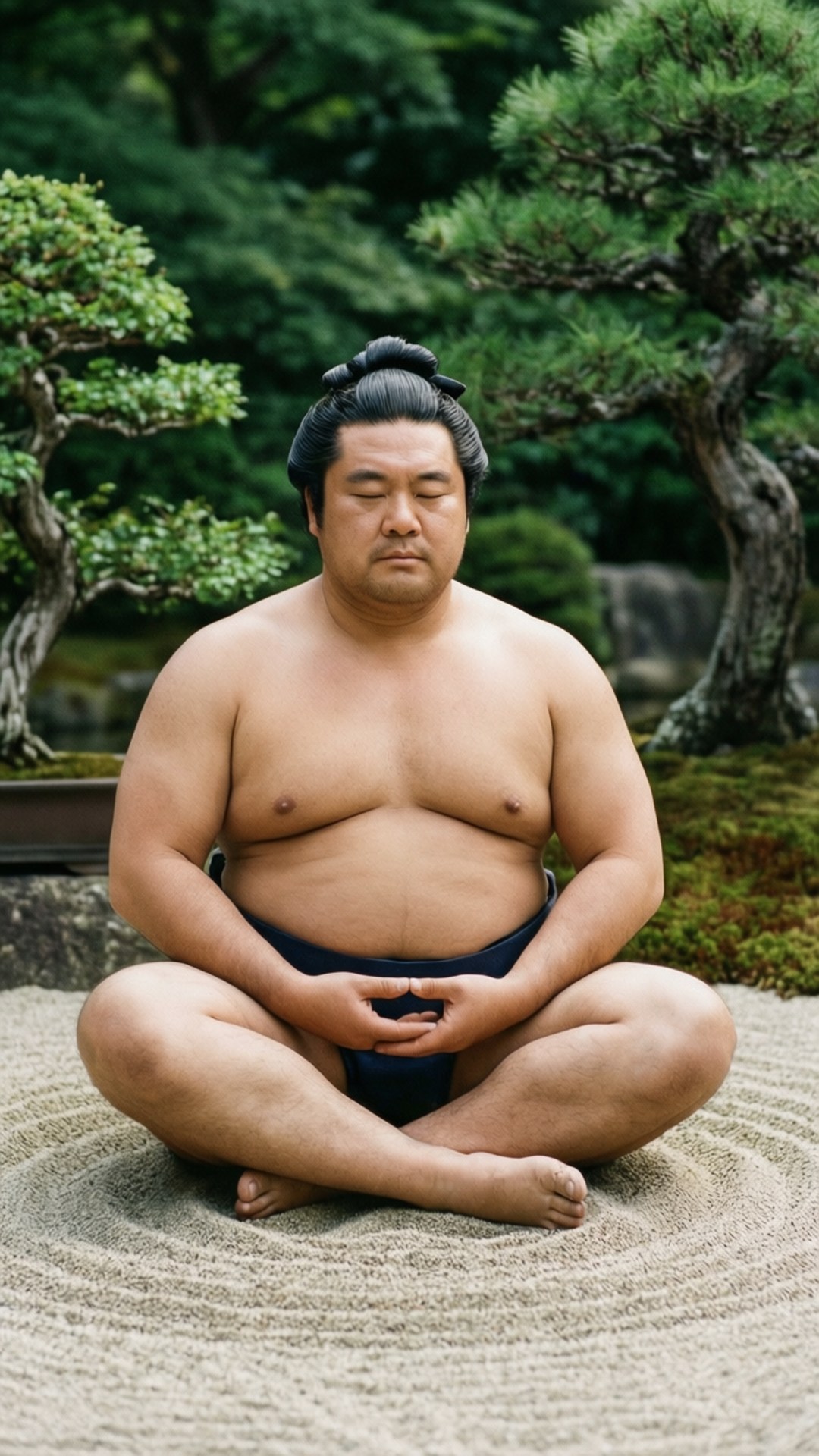 禪意相撲手 壁紙 — 一位相撲選手在傳統日本庭園中，在耙過的沙子和盆栽樹旁平靜地冥想。