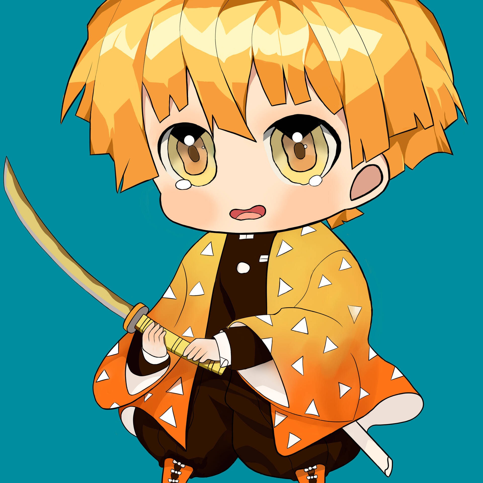 禪院真希Q版 壁紙 — Chibi 動漫男孩，橙色頭髮，橙色和服，配劍，背景為青綠色。