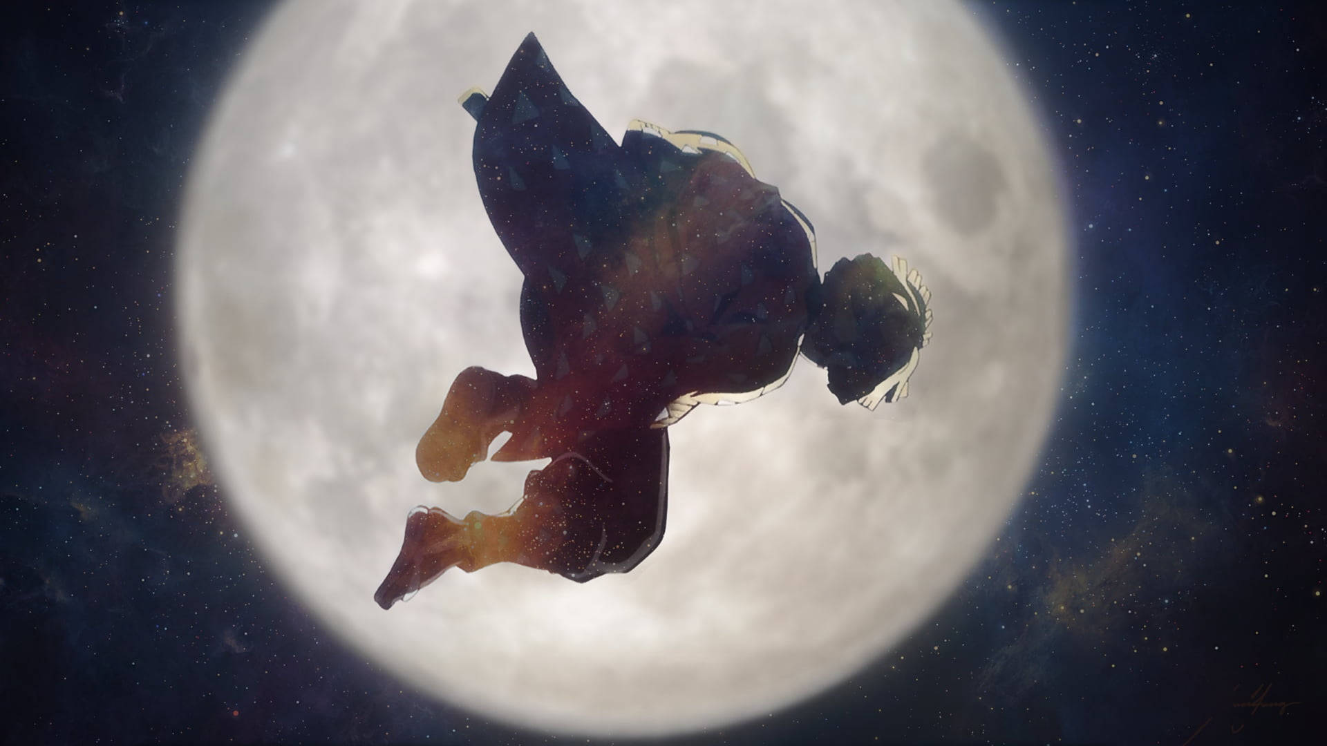 禪院真希月夜版 壁紙 — 一個穿著飄逸長袍的剪影人物，在繁星點點的夜空中，漂浮在一個巨大的發光月亮前。