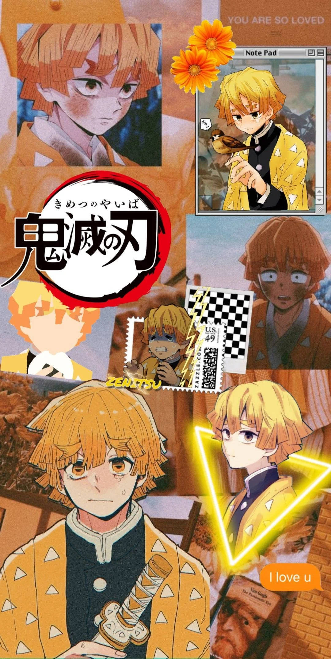 禪院真希美學拼貼版 壁紙 — 鬼滅之刃角色竈門炭治郎的動漫拼貼畫，展現多種姿勢和場景，採用溫暖的橙黃色調。