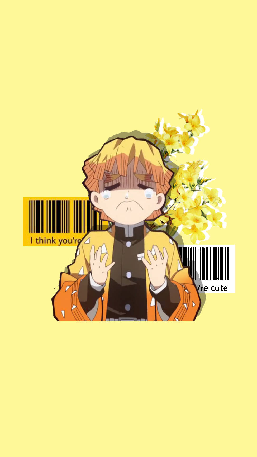 禪院真希黃色背景 壁紙 — 金髮淚眼動漫男孩在淡黃色背景上，於黃色花朵和條碼文字旁舉起雙手。
