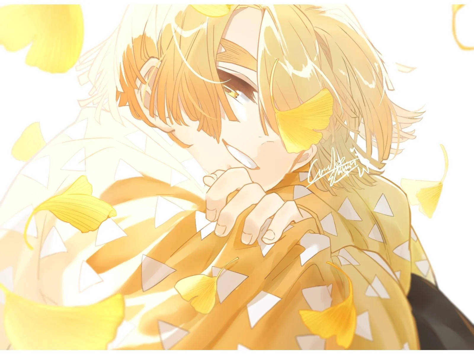 禪院真希黃色花瓣版 壁紙 — 一個開朗的動畫男孩，金髮和黃葉在他周圍飄浮，散發明亮溫暖的光芒。