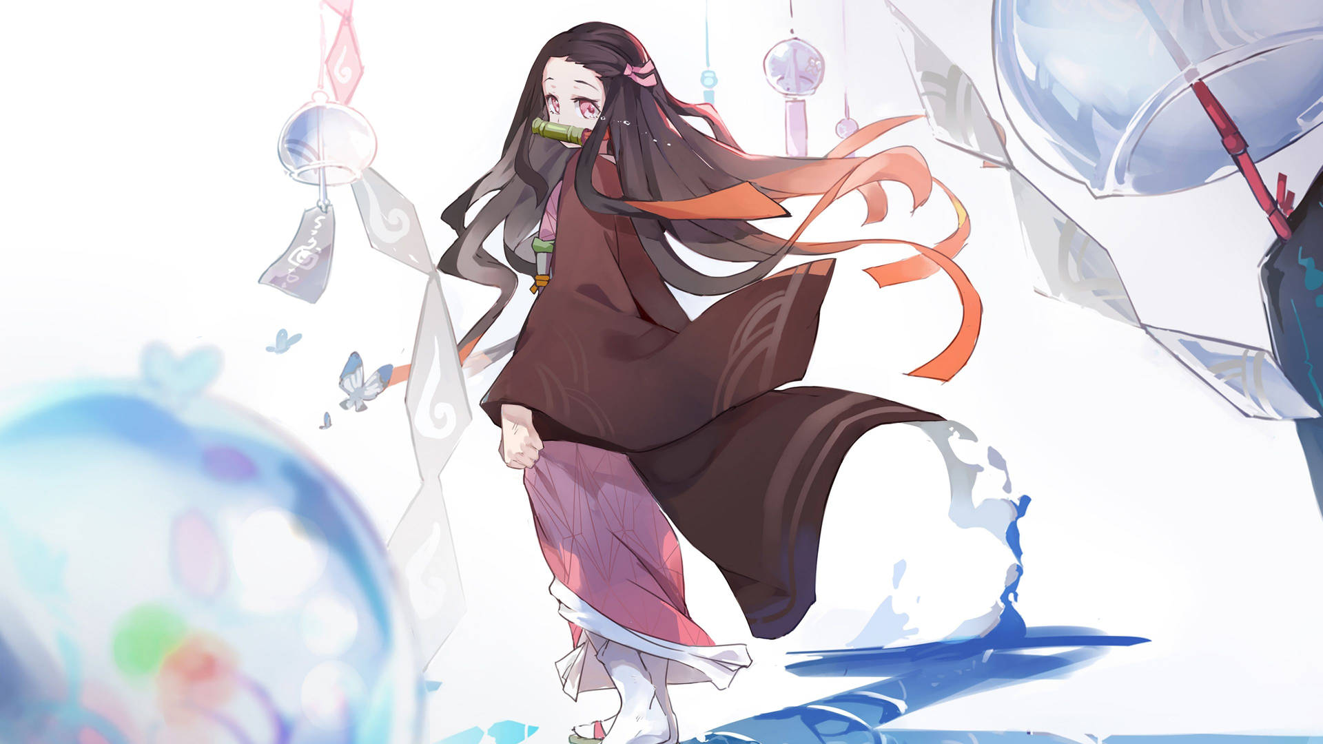 動畫女孩，竹製吹嘴，被漂浮的燈籠和蝴蝶包圍。
