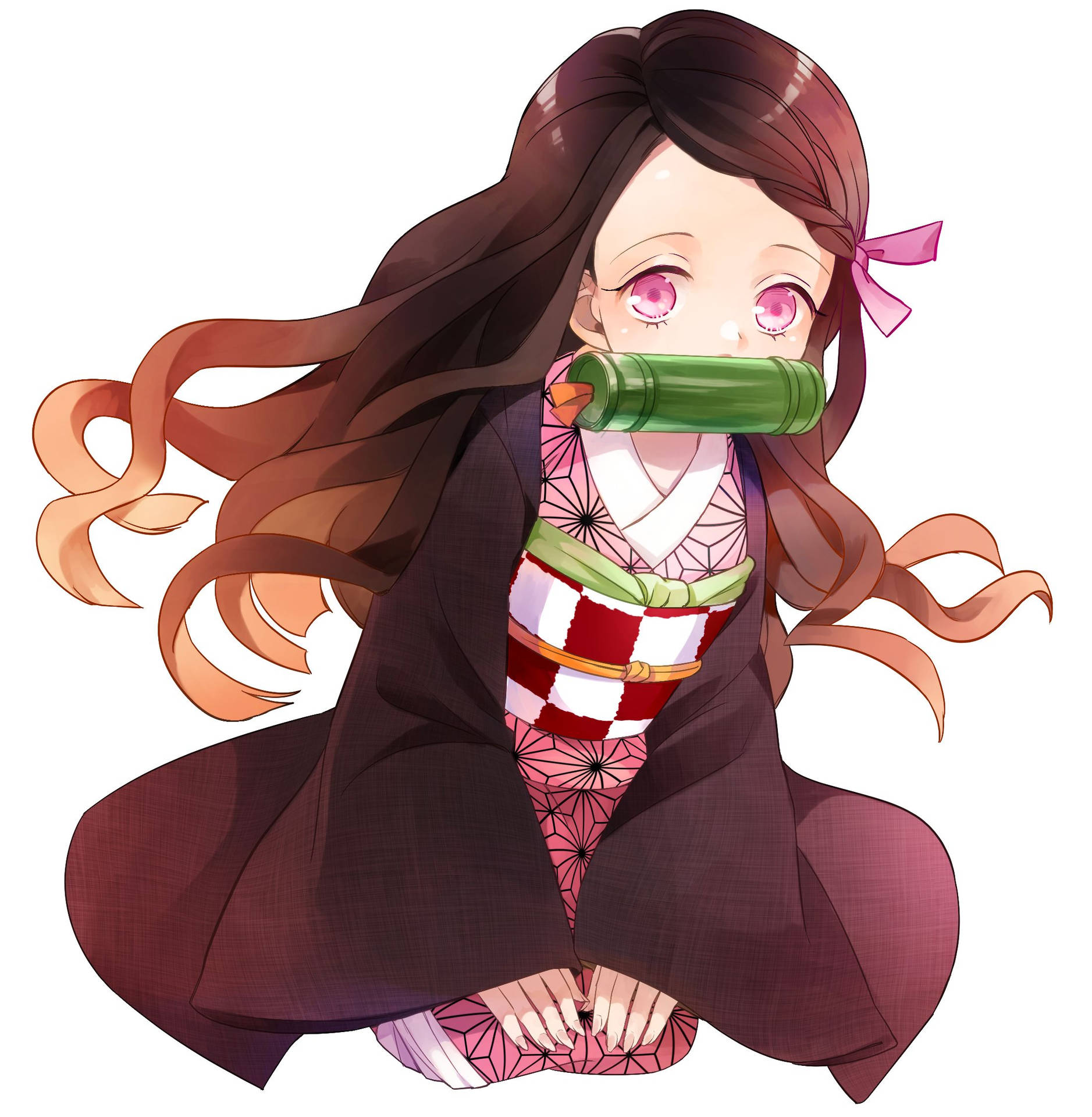 穿著和服、嘴上戴著竹製口塞的動漫女孩盤腿而坐。