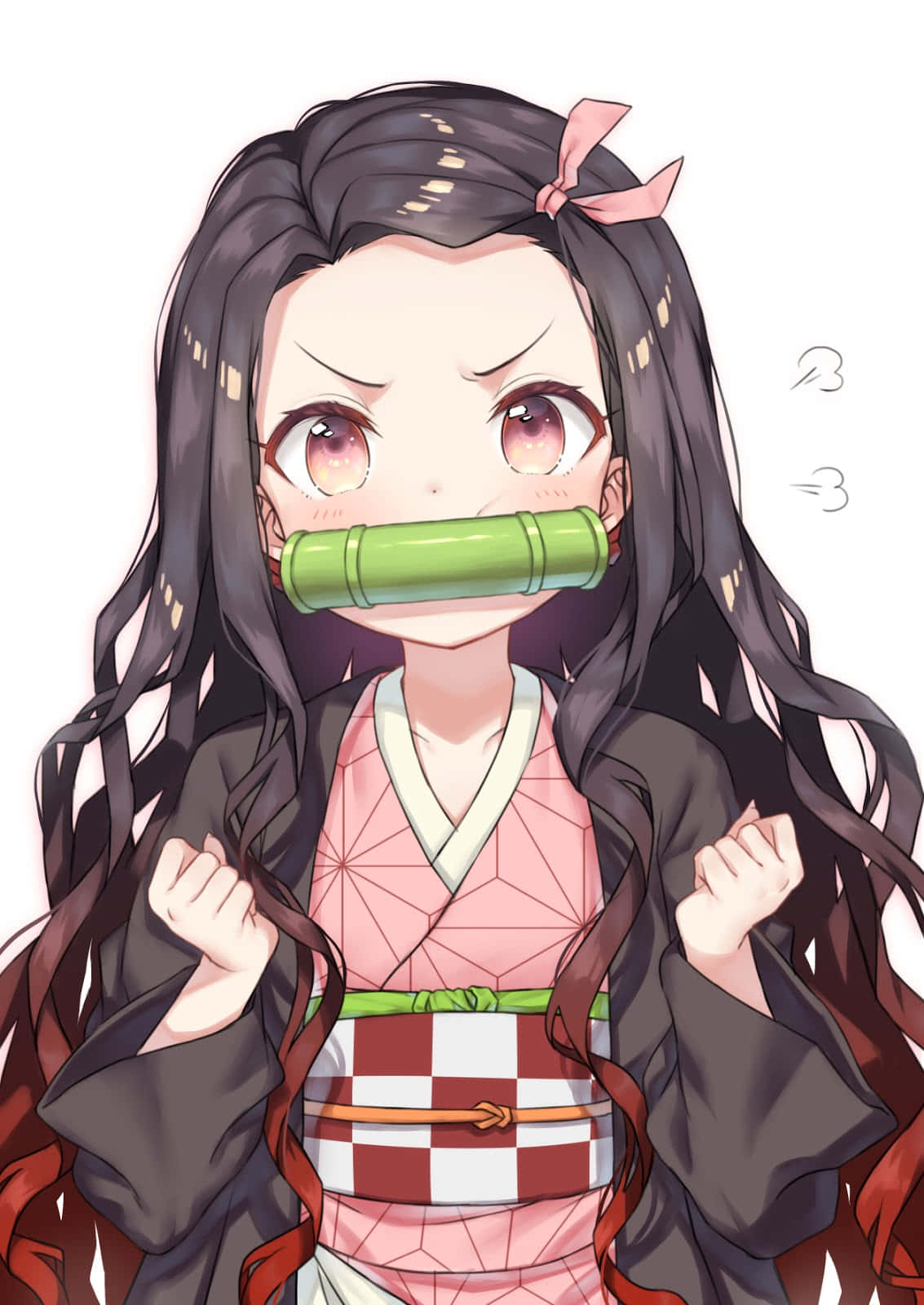 禰子·風柱身穿時尚戰鬥服 壁紙 — 一個意志堅定的動漫女孩，長長的黑髮，戴著竹製口塞，穿著粉紅色和紅色的和服，緊握拳頭。