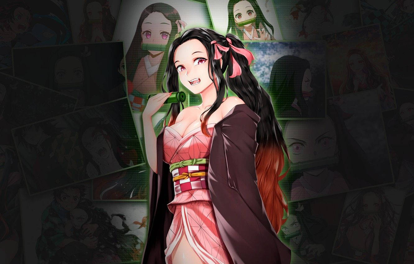 動漫女孩穿著粉紅色和服，手持綠色笛子，背景為肖像拼貼畫。