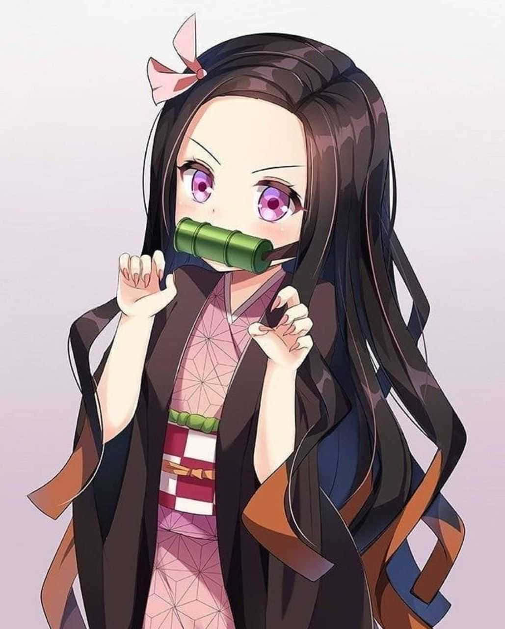 動漫少女穿和服，戴竹面具，長黑髮