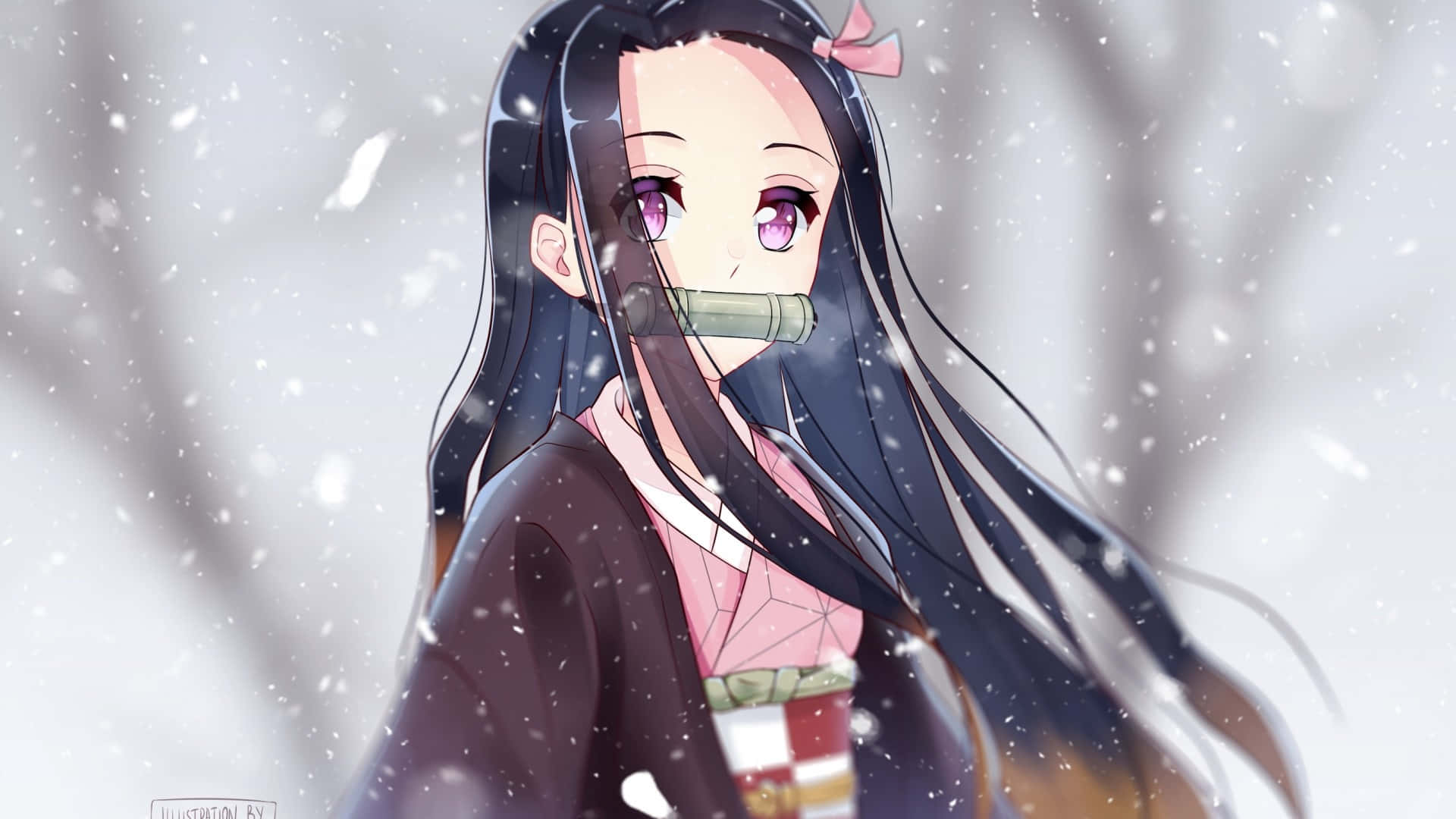 雪中穿著和服、口中含竹製口塞的動漫少女。