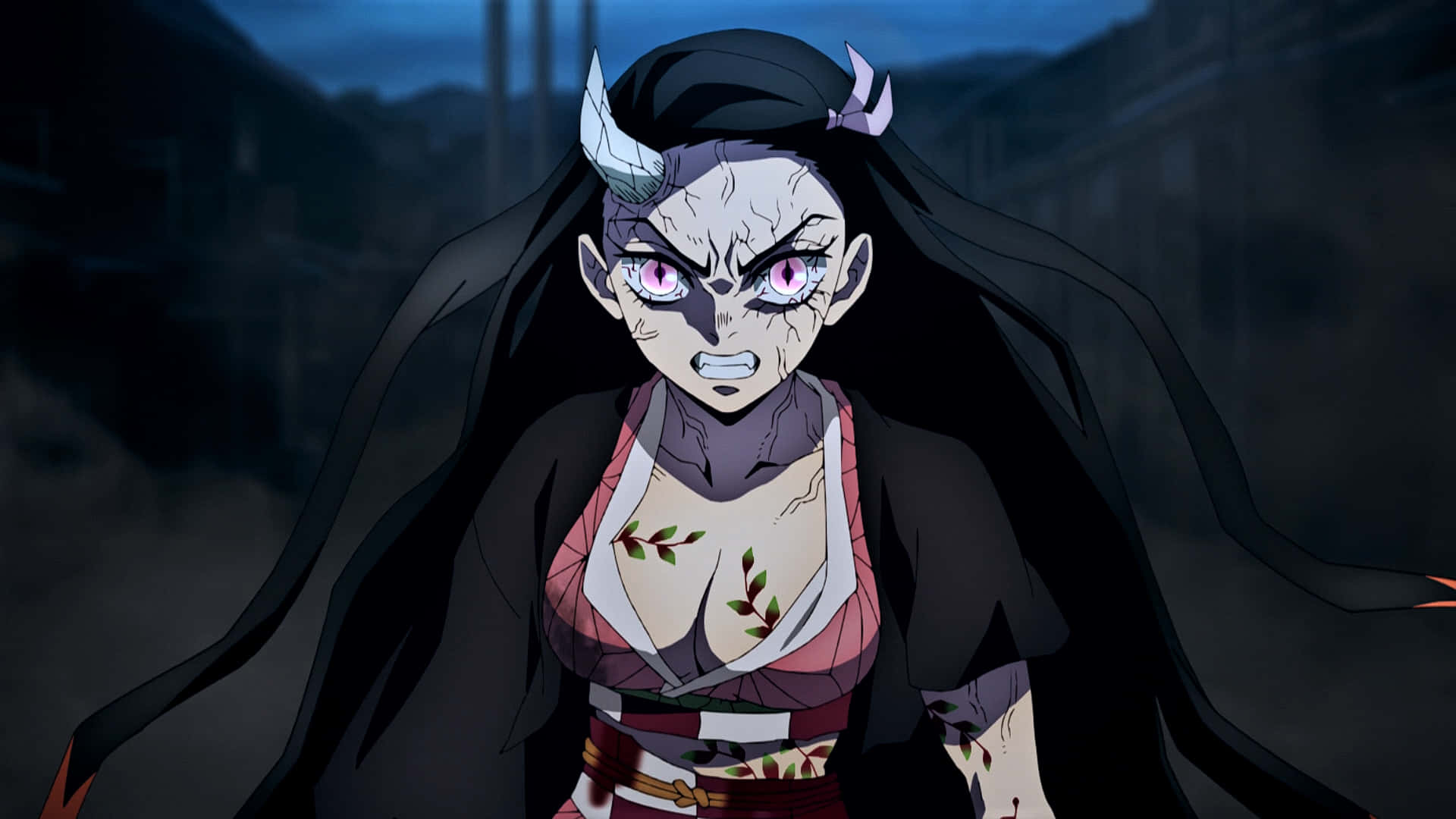 兇猛的動畫惡魔女人，有角和發光的眼睛，在黑暗的城市廢墟中。