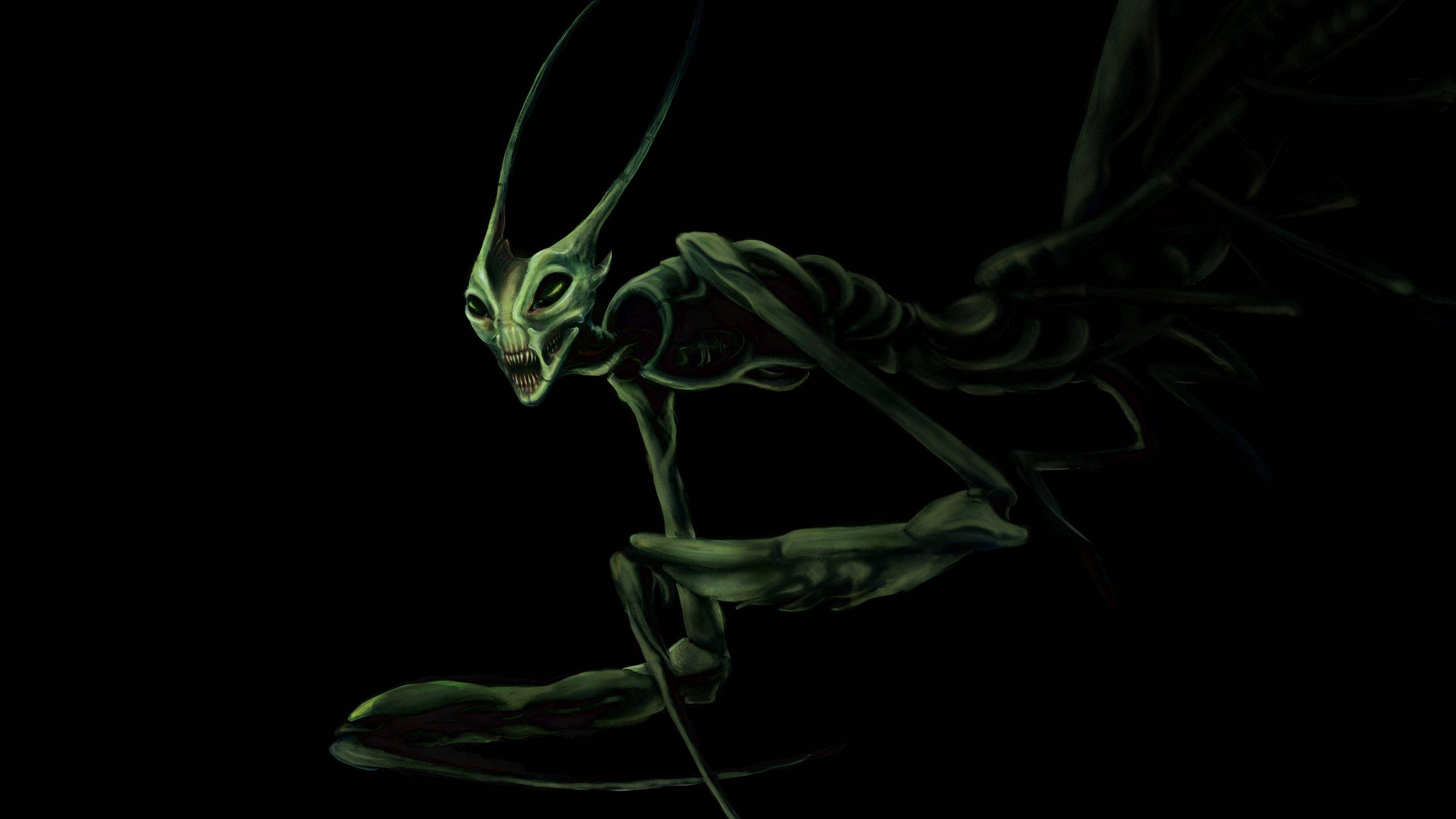 禱 mantis 噩夢藝術 壁紙 — 一個帶有長觸角和尖銳牙齒的威脅性綠色外星生物，蹲伏在黑色背景前。